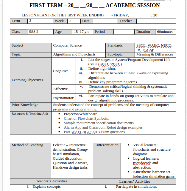 Lesson Plan – SSS 2 Term 3 Computer Studies Week 1 Preview 1