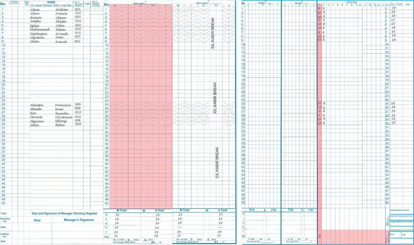 Attendance Register Showing Times School Open for Week 1